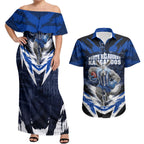Personalised North Melbourne Kangaroos Football Couples Matching Off Shoulder Maxi Dress and Hawaiian Shirt Fierce Kangaroo Mascot 3D Grunge City Art