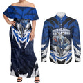 Personalised North Melbourne Kangaroos Football Couples Matching Off Shoulder Maxi Dress and Long Sleeve Button Shirt Fierce Kangaroo Mascot 3D Grunge City Art