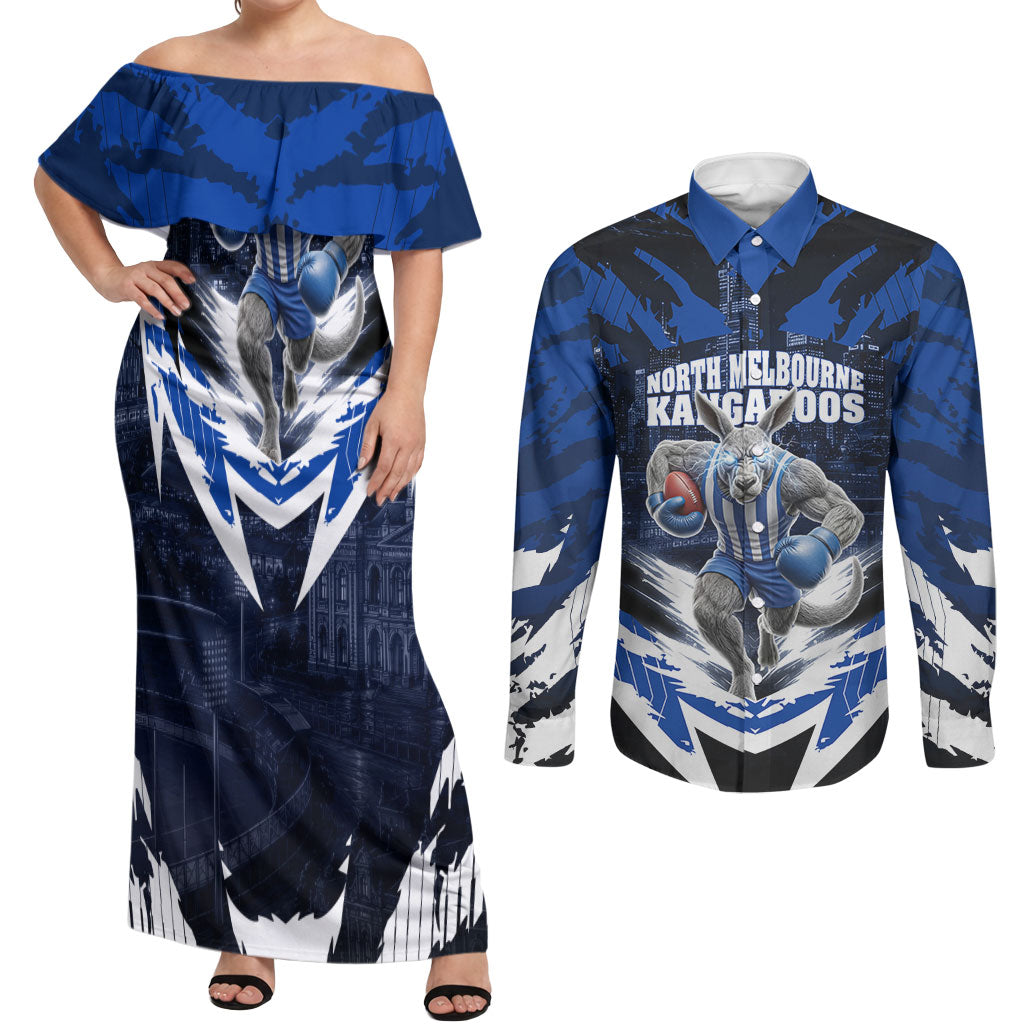 Personalised North Melbourne Kangaroos Football Couples Matching Off Shoulder Maxi Dress and Long Sleeve Button Shirt Fierce Kangaroo Mascot 3D Grunge City Art