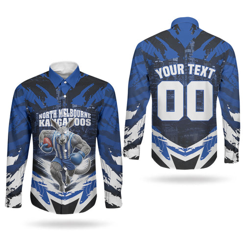 Personalised North Melbourne Kangaroos Football Couples Matching Off Shoulder Maxi Dress and Long Sleeve Button Shirt Fierce Kangaroo Mascot 3D Grunge City Art