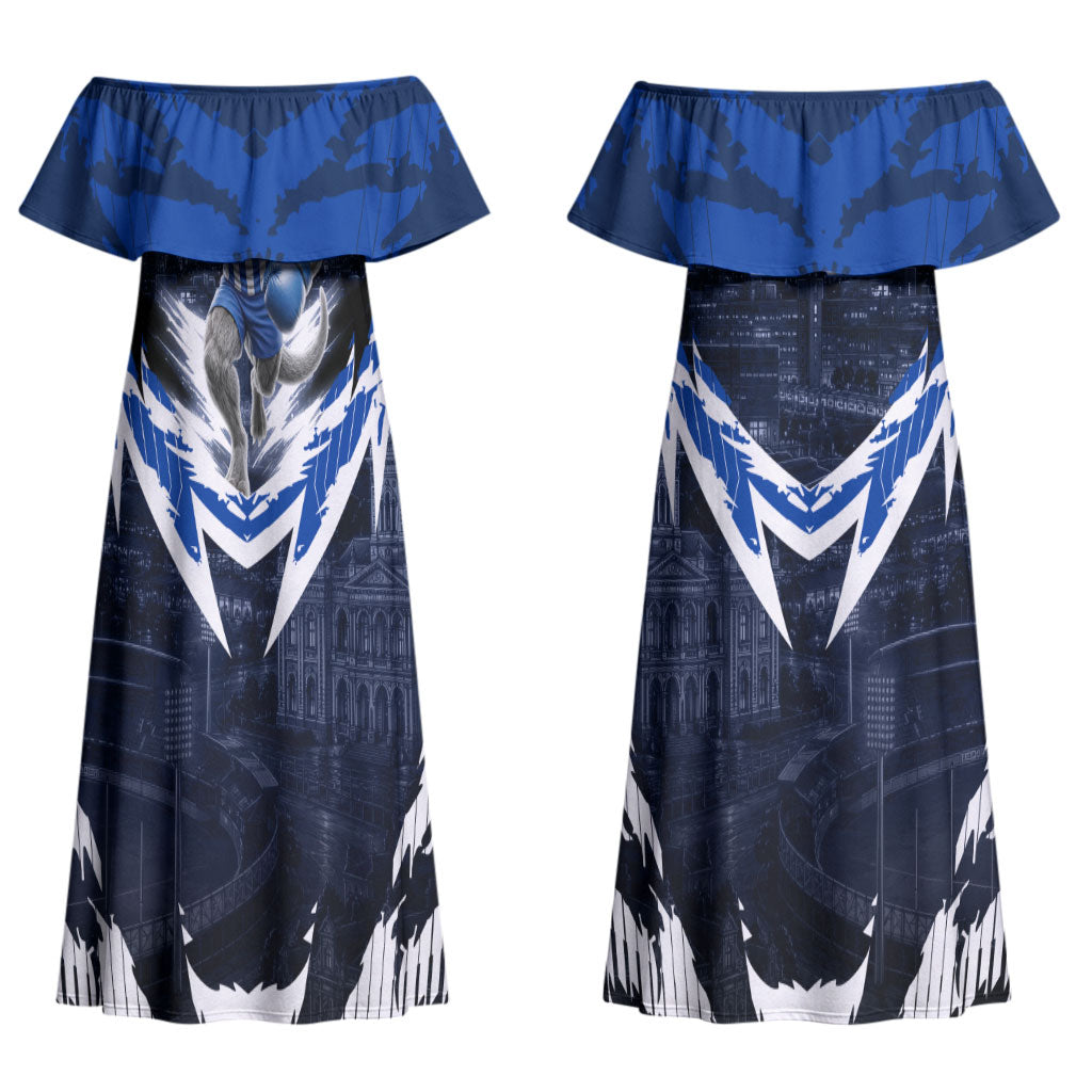 Personalised North Melbourne Kangaroos Football Couples Matching Off Shoulder Maxi Dress and Long Sleeve Button Shirt Fierce Kangaroo Mascot 3D Grunge City Art