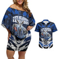 Personalised North Melbourne Kangaroos Football Couples Matching Off Shoulder Short Dress and Hawaiian Shirt Fierce Kangaroo Mascot 3D Grunge City Art