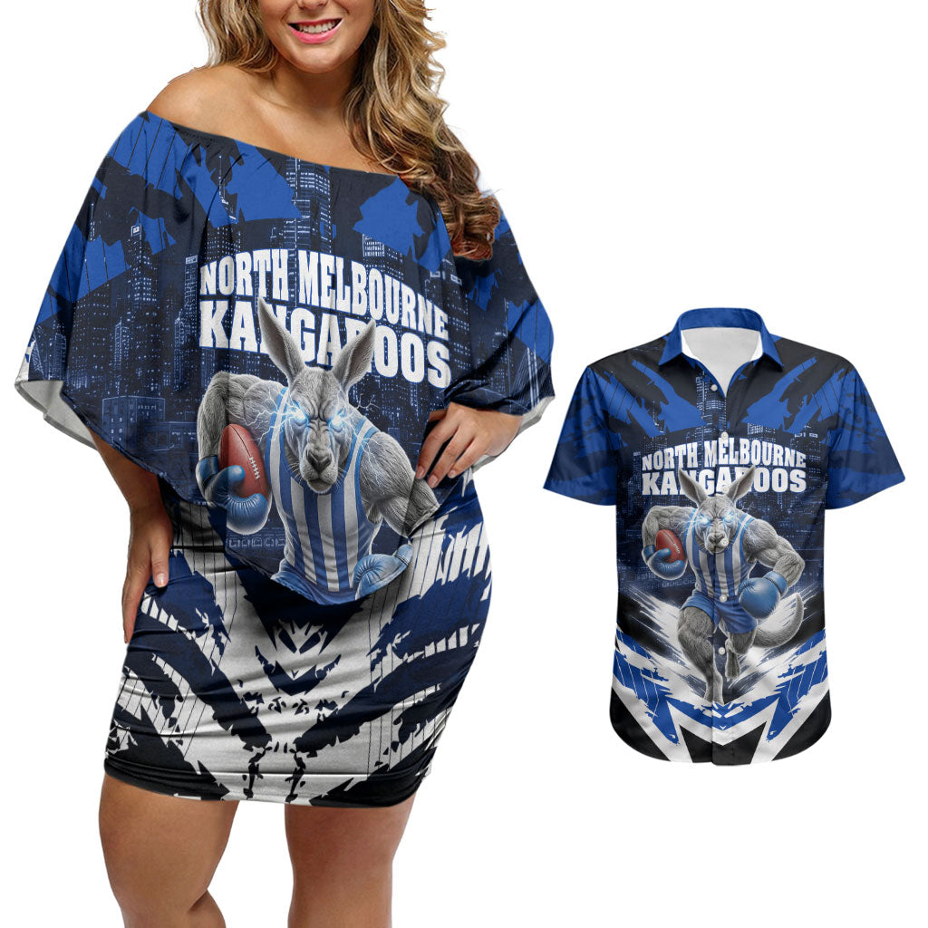 Personalised North Melbourne Kangaroos Football Couples Matching Off Shoulder Short Dress and Hawaiian Shirt Fierce Kangaroo Mascot 3D Grunge City Art