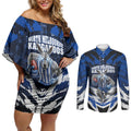 Personalised North Melbourne Kangaroos Football Couples Matching Off Shoulder Short Dress and Long Sleeve Button Shirt Fierce Kangaroo Mascot 3D Grunge City Art