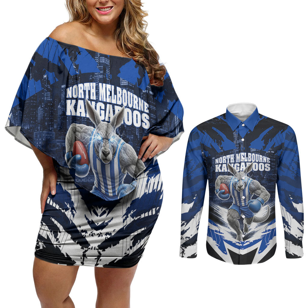 Personalised North Melbourne Kangaroos Football Couples Matching Off Shoulder Short Dress and Long Sleeve Button Shirt Fierce Kangaroo Mascot 3D Grunge City Art