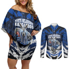 Personalised North Melbourne Kangaroos Football Couples Matching Off Shoulder Short Dress and Long Sleeve Button Shirt Fierce Kangaroo Mascot 3D Grunge City Art