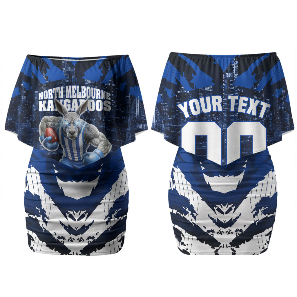 Personalised North Melbourne Kangaroos Football Couples Matching Off Shoulder Short Dress and Long Sleeve Button Shirt Fierce Kangaroo Mascot 3D Grunge City Art