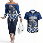 Personalised North Melbourne Kangaroos Football Couples Matching Off The Shoulder Long Sleeve Dress and Hawaiian Shirt Fierce Kangaroo Mascot 3D Grunge City Art