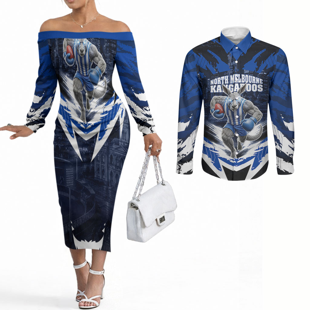 Personalised North Melbourne Kangaroos Football Couples Matching Off The Shoulder Long Sleeve Dress and Long Sleeve Button Shirt Fierce Kangaroo Mascot 3D Grunge City Art