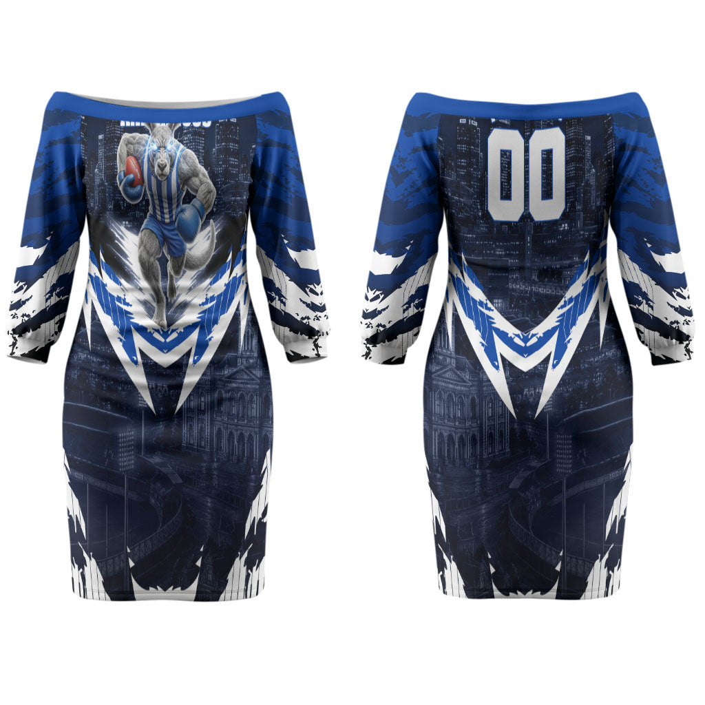 Personalised North Melbourne Kangaroos Football Couples Matching Off The Shoulder Long Sleeve Dress and Long Sleeve Button Shirt Fierce Kangaroo Mascot 3D Grunge City Art