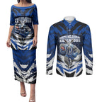 Personalised North Melbourne Kangaroos Football Couples Matching Puletasi and Long Sleeve Button Shirt Fierce Kangaroo Mascot 3D Grunge City Art