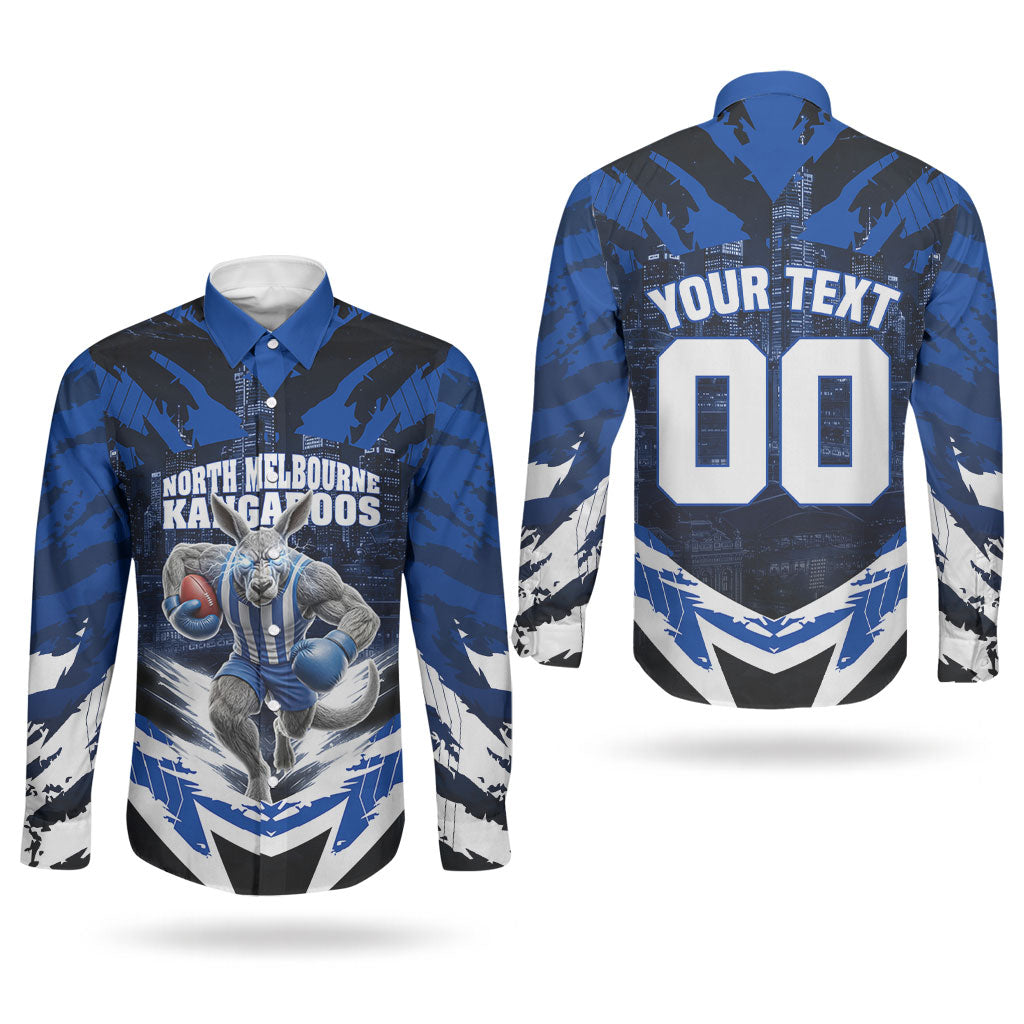 Personalised North Melbourne Kangaroos Football Couples Matching Puletasi and Long Sleeve Button Shirt Fierce Kangaroo Mascot 3D Grunge City Art