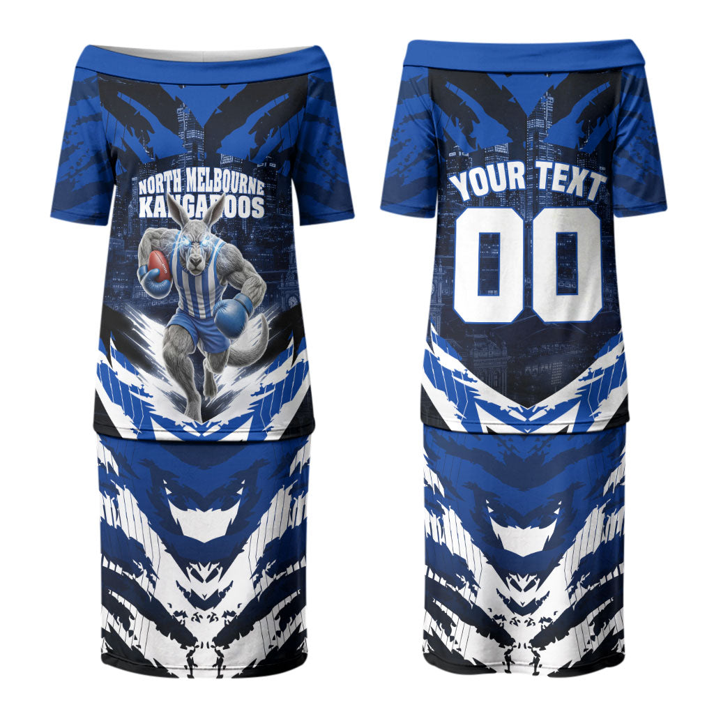 Personalised North Melbourne Kangaroos Football Couples Matching Puletasi and Long Sleeve Button Shirt Fierce Kangaroo Mascot 3D Grunge City Art