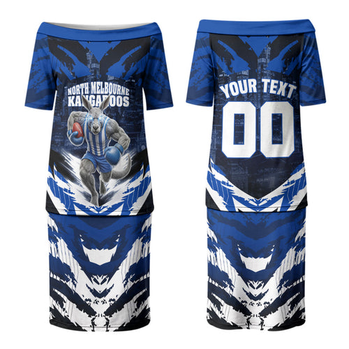 Personalised North Melbourne Kangaroos Football Couples Matching Puletasi and Long Sleeve Button Shirt Fierce Kangaroo Mascot 3D Grunge City Art