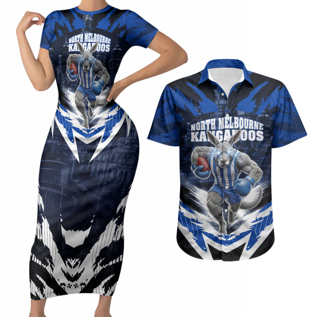 Personalised North Melbourne Kangaroos Football Couples Matching Short Sleeve Bodycon Dress and Hawaiian Shirt Fierce Kangaroo Mascot 3D Grunge City Art