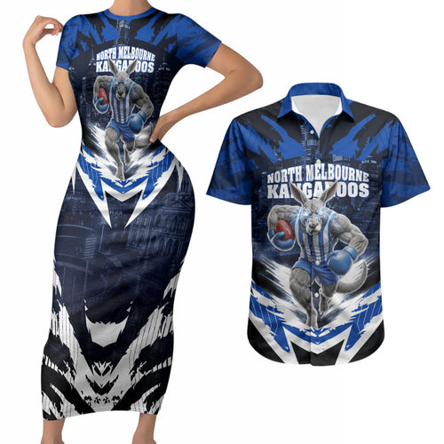 Personalised North Melbourne Kangaroos Football Couples Matching Short Sleeve Bodycon Dress and Hawaiian Shirt Fierce Kangaroo Mascot 3D Grunge City Art