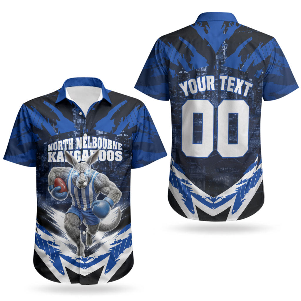 Personalised North Melbourne Kangaroos Football Couples Matching Short Sleeve Bodycon Dress and Hawaiian Shirt Fierce Kangaroo Mascot 3D Grunge City Art