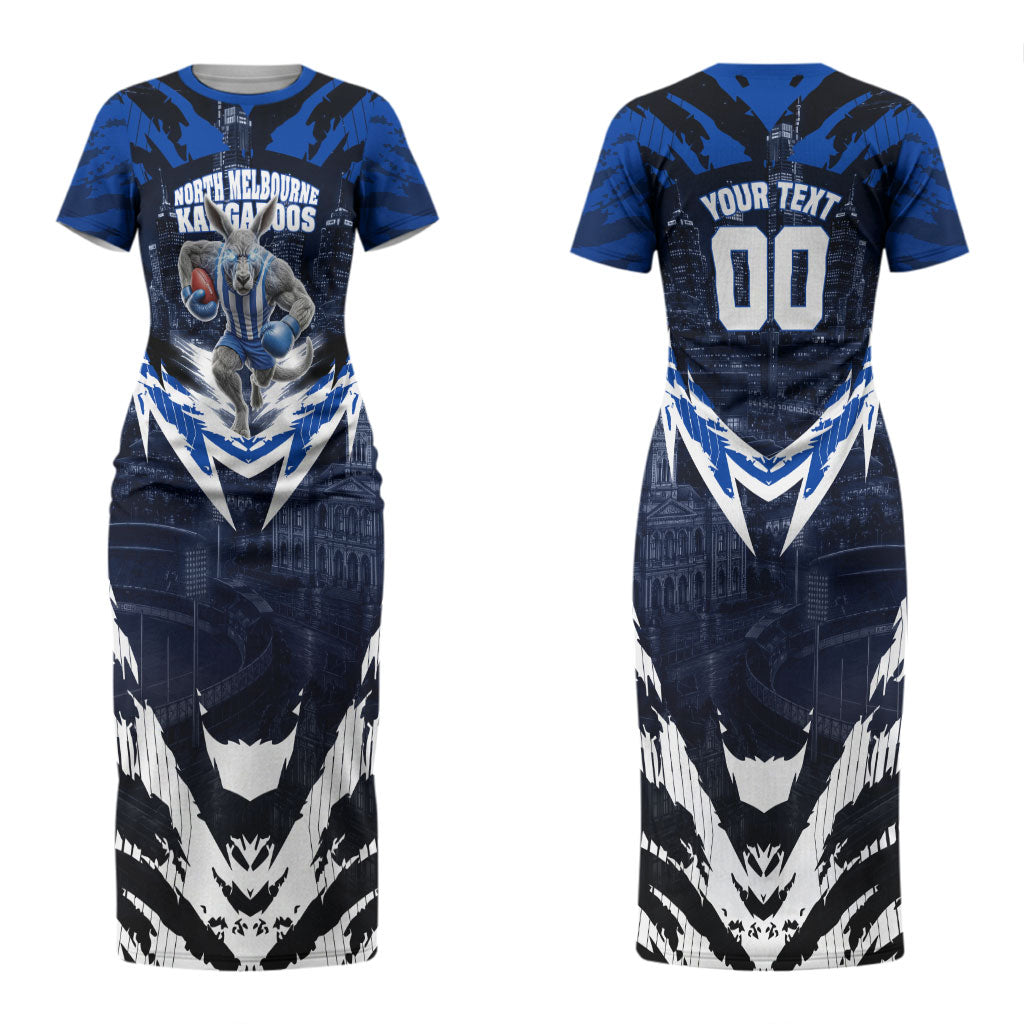 Personalised North Melbourne Kangaroos Football Couples Matching Short Sleeve Bodycon Dress and Hawaiian Shirt Fierce Kangaroo Mascot 3D Grunge City Art