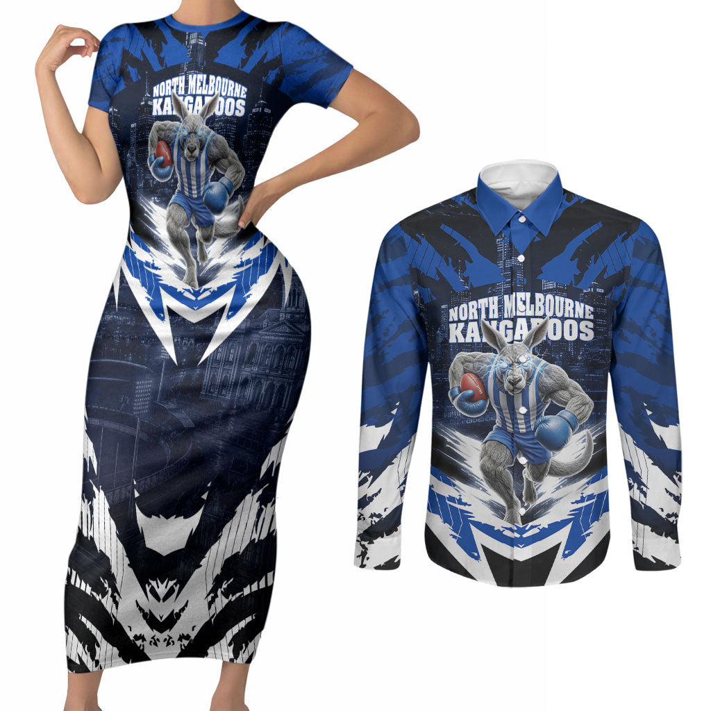Personalised North Melbourne Kangaroos Football Couples Matching Short Sleeve Bodycon Dress and Long Sleeve Button Shirt Fierce Kangaroo Mascot 3D Grunge City Art