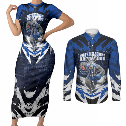 Personalised North Melbourne Kangaroos Football Couples Matching Short Sleeve Bodycon Dress and Long Sleeve Button Shirt Fierce Kangaroo Mascot 3D Grunge City Art