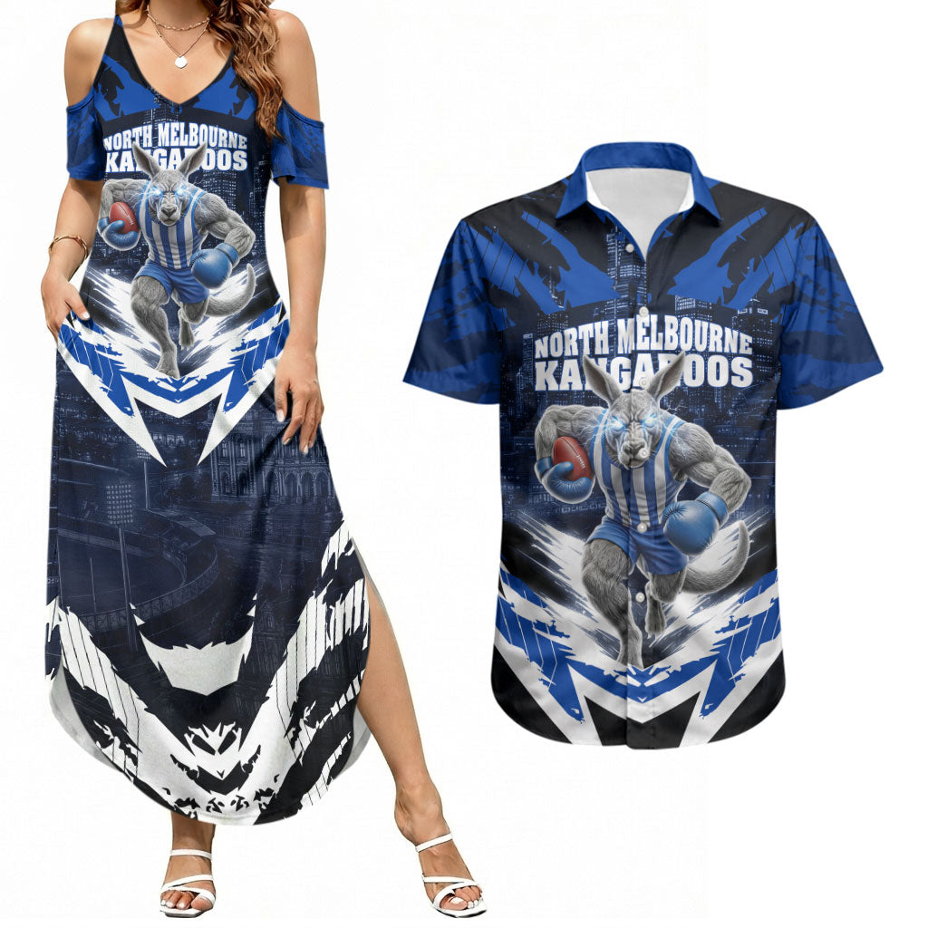 Personalised North Melbourne Kangaroos Football Couples Matching Summer Maxi Dress and Hawaiian Shirt Fierce Kangaroo Mascot 3D Grunge City Art