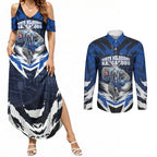 Personalised North Melbourne Kangaroos Football Couples Matching Summer Maxi Dress and Long Sleeve Button Shirt Fierce Kangaroo Mascot 3D Grunge City Art