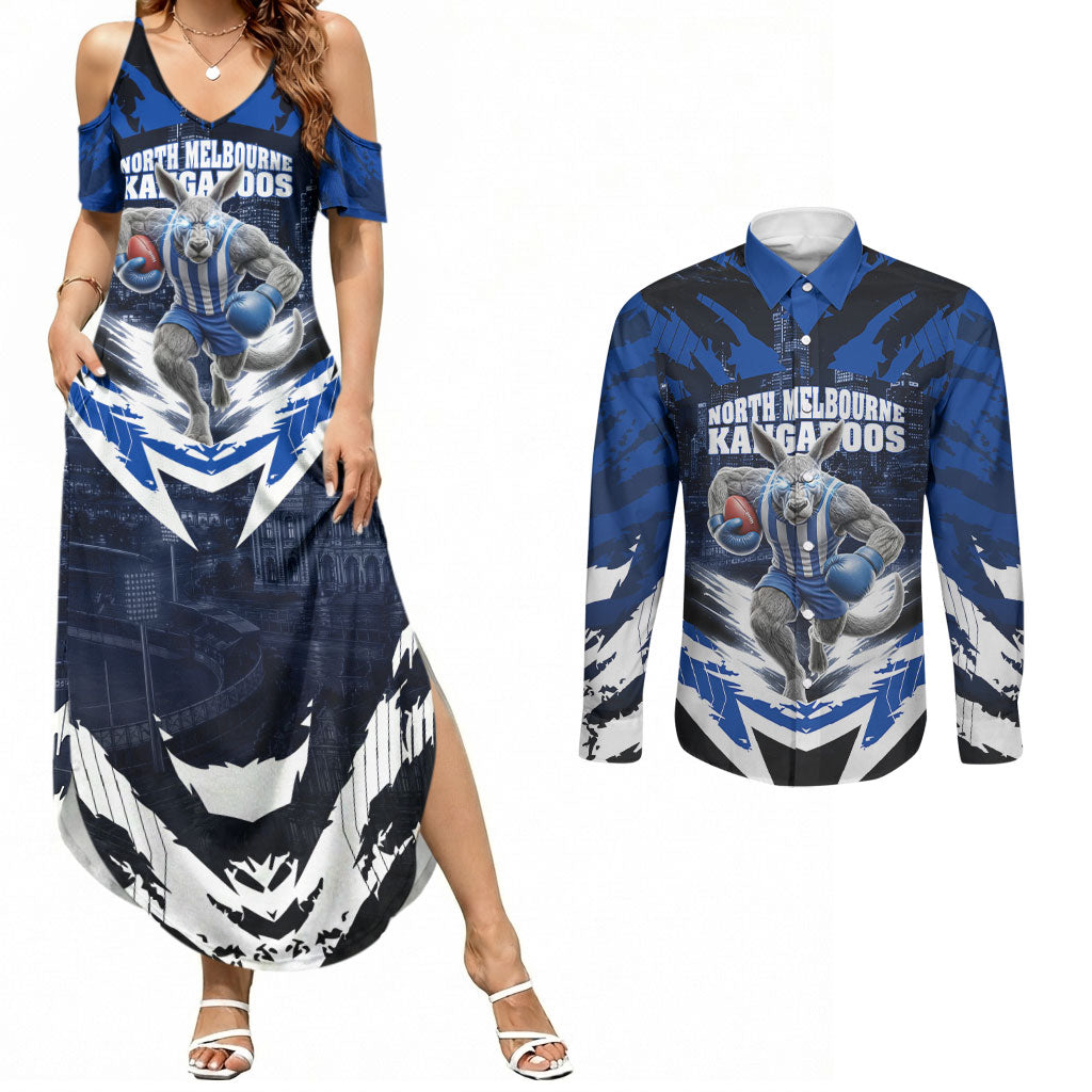 Personalised North Melbourne Kangaroos Football Couples Matching Summer Maxi Dress and Long Sleeve Button Shirt Fierce Kangaroo Mascot 3D Grunge City Art