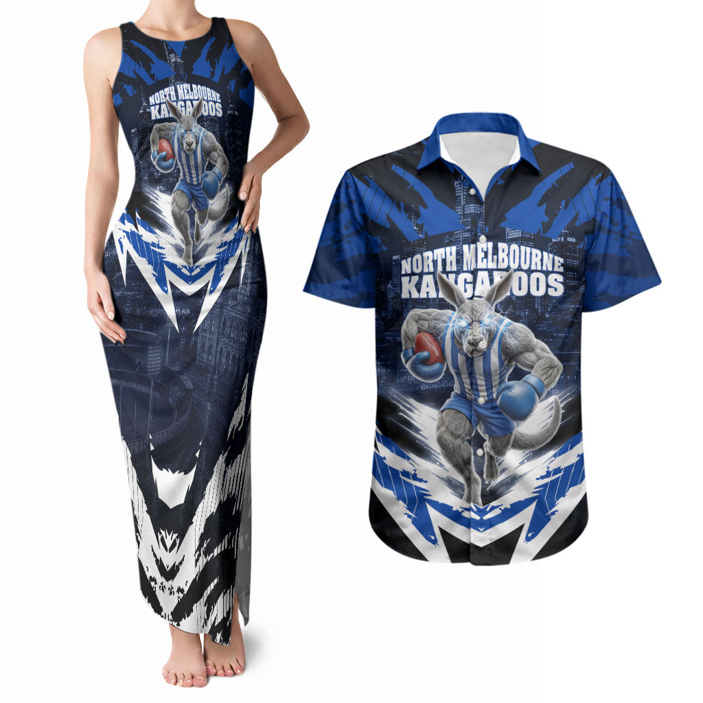 Personalised North Melbourne Kangaroos Football Couples Matching Tank Maxi Dress and Hawaiian Shirt Fierce Kangaroo Mascot 3D Grunge City Art