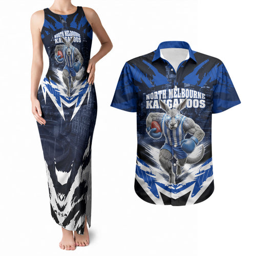 Personalised North Melbourne Kangaroos Football Couples Matching Tank Maxi Dress and Hawaiian Shirt Fierce Kangaroo Mascot 3D Grunge City Art