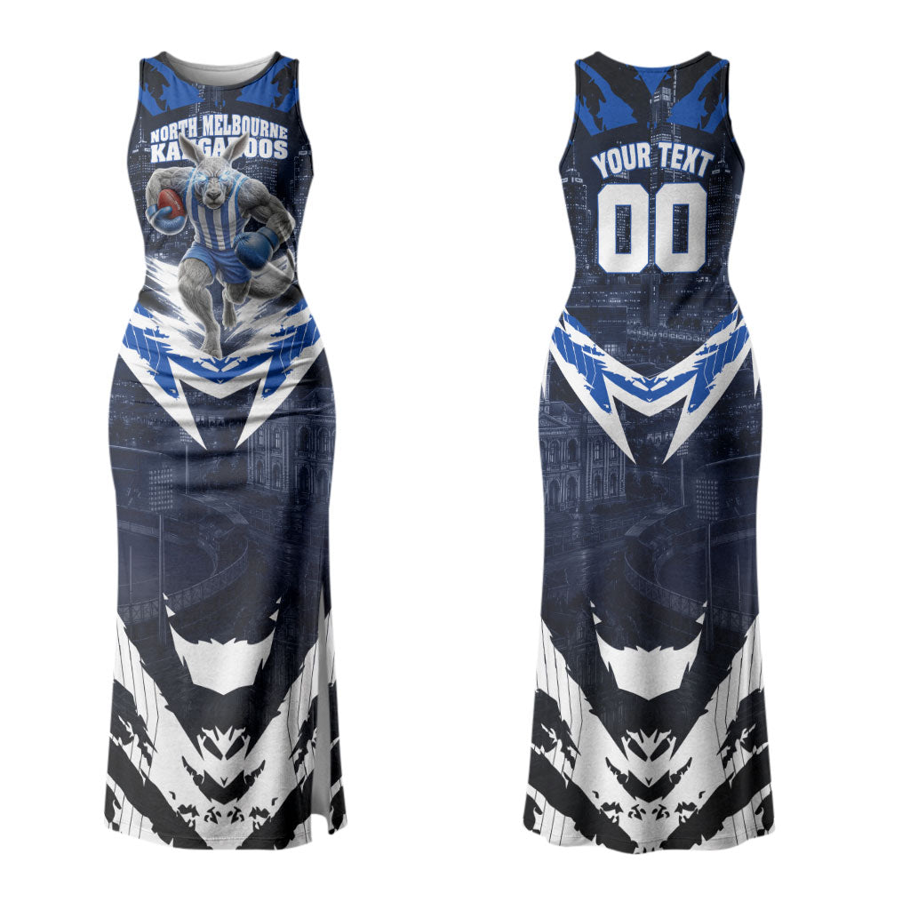 Personalised North Melbourne Kangaroos Football Couples Matching Tank Maxi Dress and Hawaiian Shirt Fierce Kangaroo Mascot 3D Grunge City Art