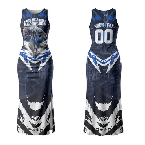 Personalised North Melbourne Kangaroos Football Couples Matching Tank Maxi Dress and Hawaiian Shirt Fierce Kangaroo Mascot 3D Grunge City Art