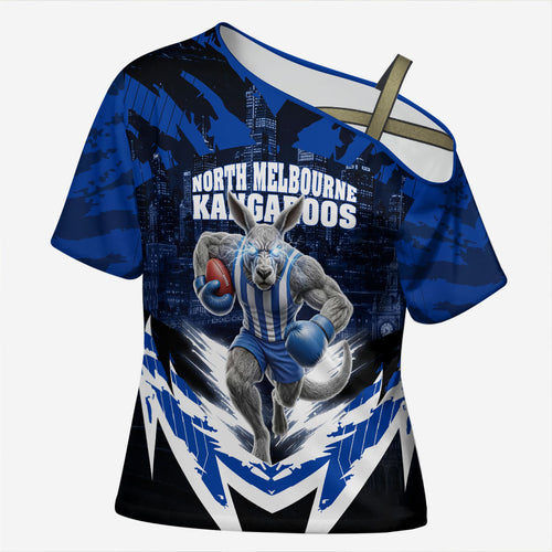 Personalised North Melbourne Kangaroos Football Cross Shoulder Shirt Fierce Kangaroo Mascot 3D Grunge City Art