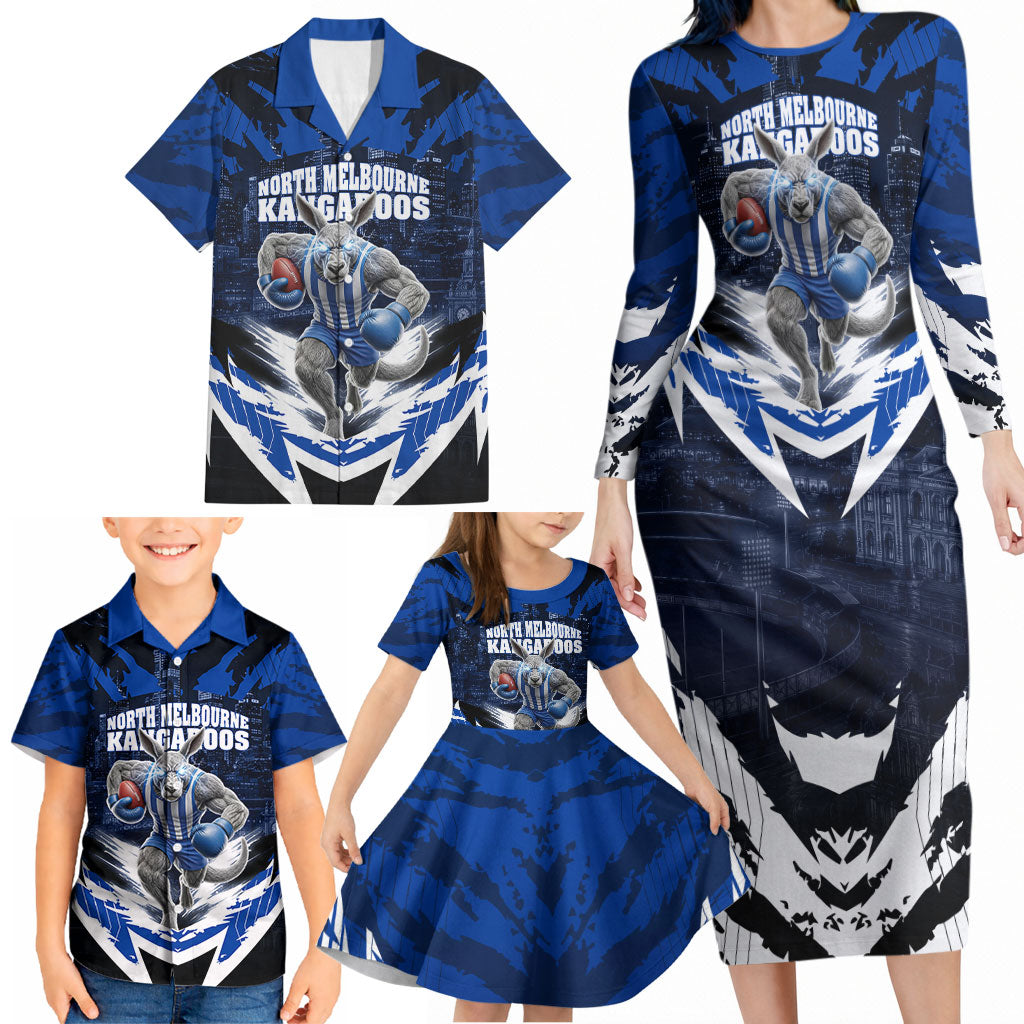 Personalised North Melbourne Kangaroos Football Family Matching Long Sleeve Bodycon Dress and Hawaiian Shirt Fierce Kangaroo Mascot 3D Grunge City Art