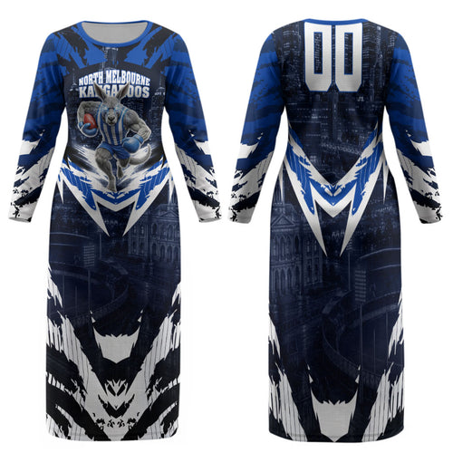 Personalised North Melbourne Kangaroos Football Family Matching Long Sleeve Bodycon Dress and Hawaiian Shirt Fierce Kangaroo Mascot 3D Grunge City Art
