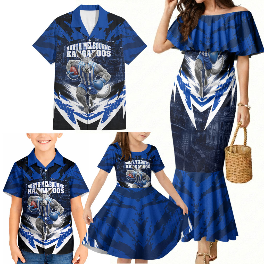 Personalised North Melbourne Kangaroos Football Family Matching Mermaid Dress and Hawaiian Shirt Fierce Kangaroo Mascot 3D Grunge City Art