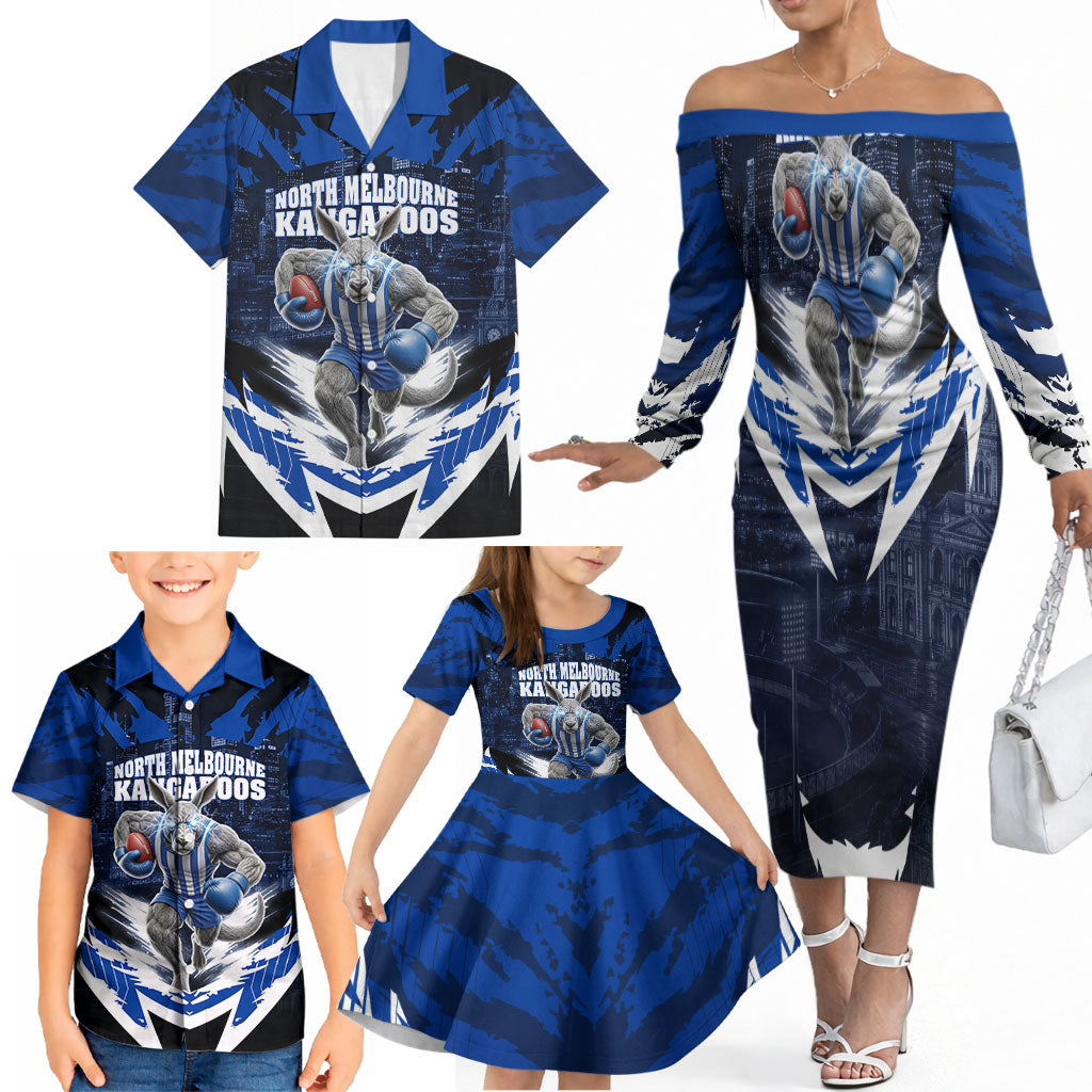 Personalised North Melbourne Kangaroos Football Family Matching Off The Shoulder Long Sleeve Dress and Hawaiian Shirt Fierce Kangaroo Mascot 3D Grunge City Art