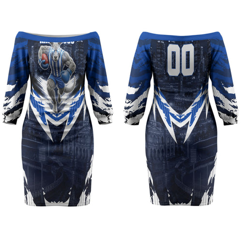 Personalised North Melbourne Kangaroos Football Family Matching Off The Shoulder Long Sleeve Dress and Hawaiian Shirt Fierce Kangaroo Mascot 3D Grunge City Art