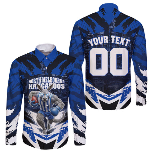 Personalised North Melbourne Kangaroos Football Family Matching Off Shoulder Maxi Dress and Hawaiian Shirt Fierce Kangaroo Mascot 3D Grunge City Art