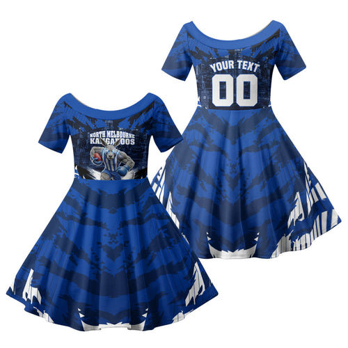 Personalised North Melbourne Kangaroos Football Family Matching Off Shoulder Maxi Dress and Hawaiian Shirt Fierce Kangaroo Mascot 3D Grunge City Art