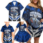 Personalised North Melbourne Kangaroos Football Family Matching Off Shoulder Short Dress and Hawaiian Shirt Fierce Kangaroo Mascot 3D Grunge City Art