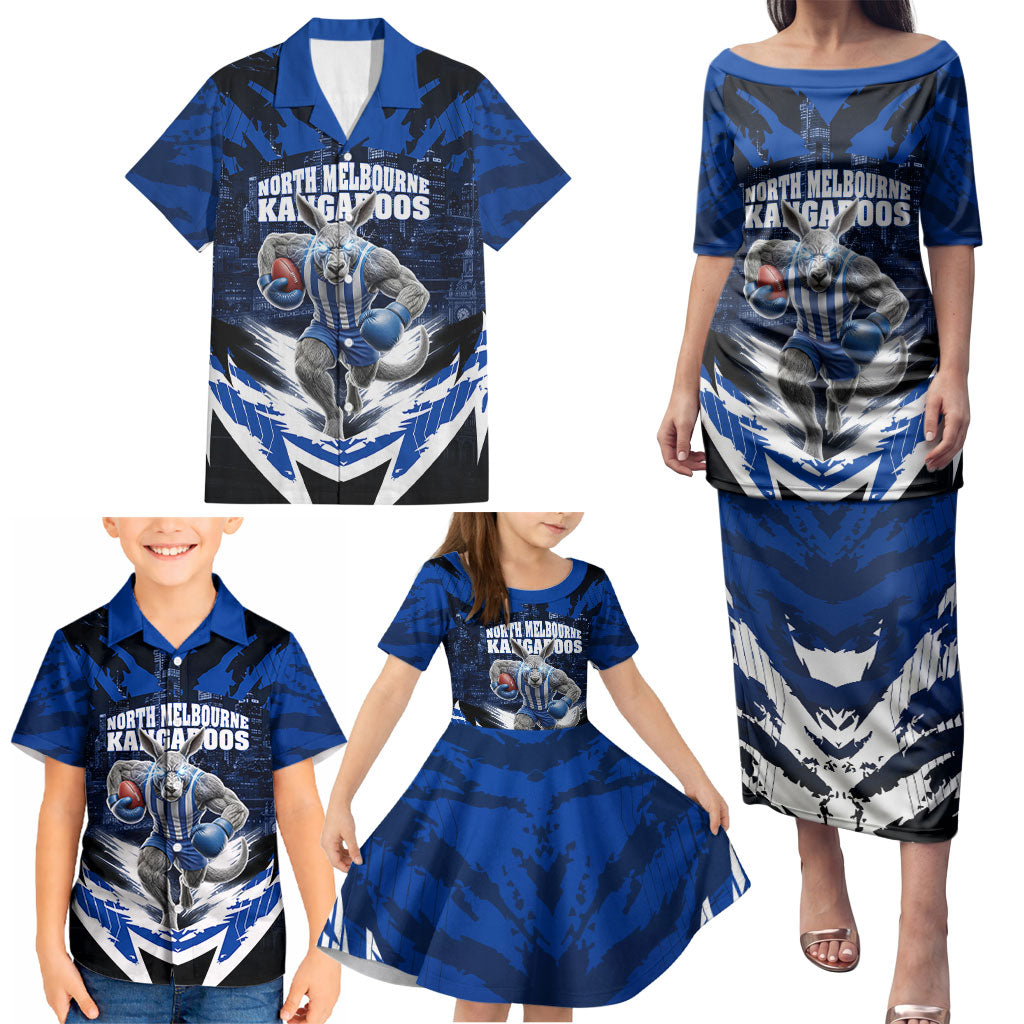 Personalised North Melbourne Kangaroos Football Family Matching Puletasi and Hawaiian Shirt Fierce Kangaroo Mascot 3D Grunge City Art