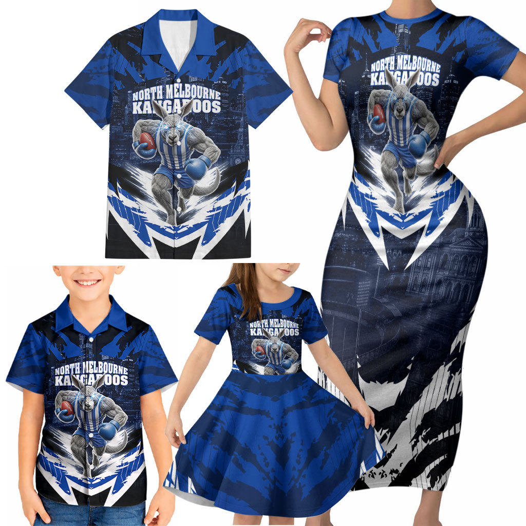 Personalised North Melbourne Kangaroos Football Family Matching Short Sleeve Bodycon Dress and Hawaiian Shirt Fierce Kangaroo Mascot 3D Grunge City Art