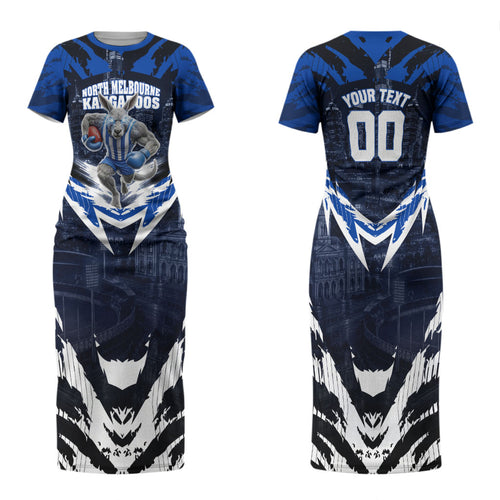 Personalised North Melbourne Kangaroos Football Family Matching Short Sleeve Bodycon Dress and Hawaiian Shirt Fierce Kangaroo Mascot 3D Grunge City Art
