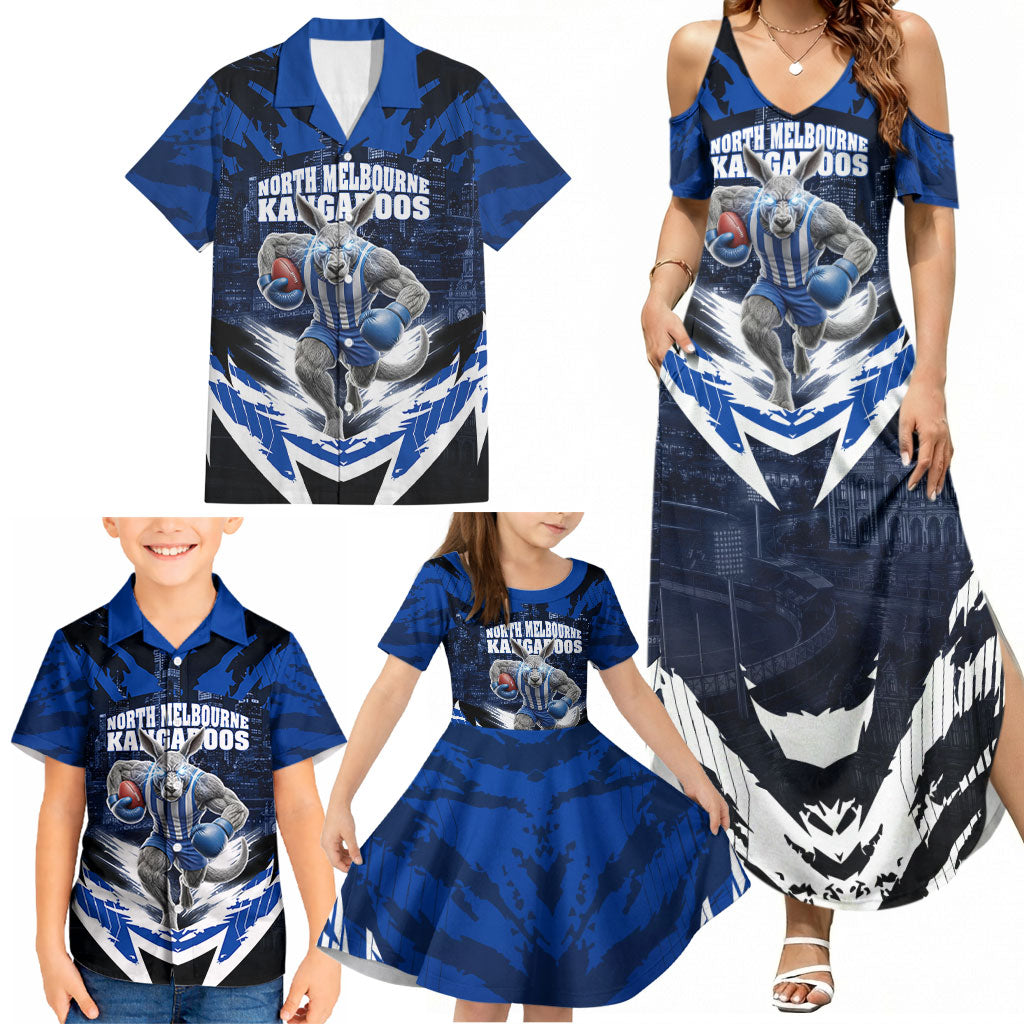 Personalised North Melbourne Kangaroos Football Family Matching Summer Maxi Dress and Hawaiian Shirt Fierce Kangaroo Mascot 3D Grunge City Art