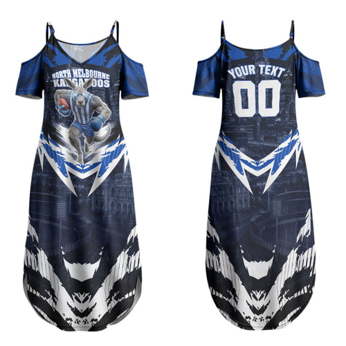 Personalised North Melbourne Kangaroos Football Family Matching Summer Maxi Dress and Hawaiian Shirt Fierce Kangaroo Mascot 3D Grunge City Art