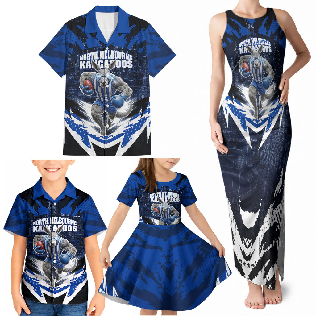 Personalised North Melbourne Kangaroos Football Family Matching Tank Maxi Dress and Hawaiian Shirt Fierce Kangaroo Mascot 3D Grunge City Art