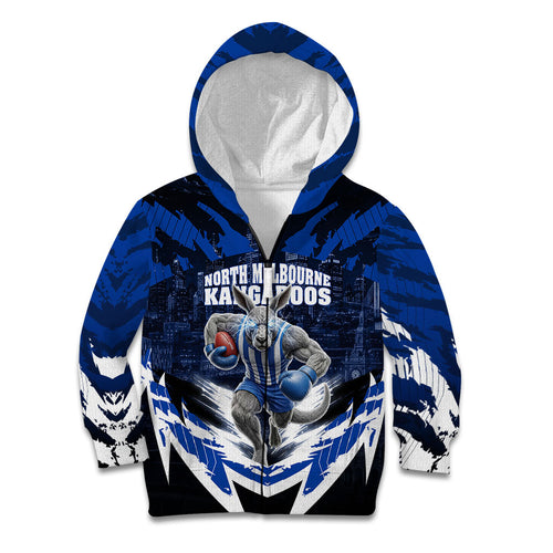 Personalised North Melbourne Kangaroos Football Kid Hoodie Fierce Kangaroo Mascot 3D Grunge City Art