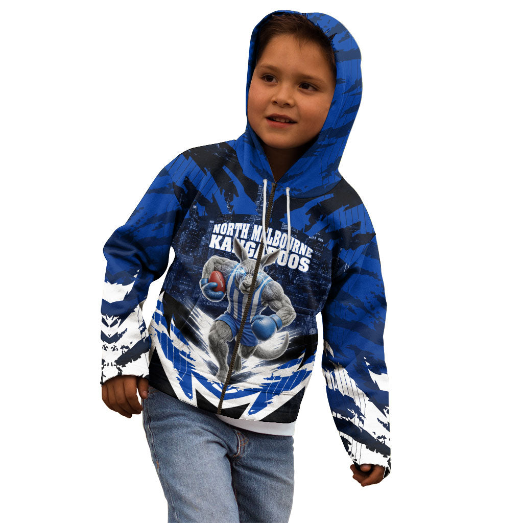 Personalised North Melbourne Kangaroos Football Kid Hoodie Fierce Kangaroo Mascot 3D Grunge City Art