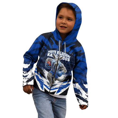 Personalised North Melbourne Kangaroos Football Kid Hoodie Fierce Kangaroo Mascot 3D Grunge City Art