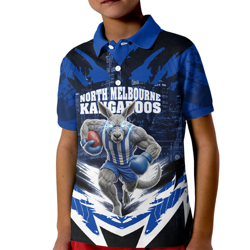 Personalised North Melbourne Kangaroos Football Kid Polo Shirt Fierce Kangaroo Mascot 3D Grunge City Art